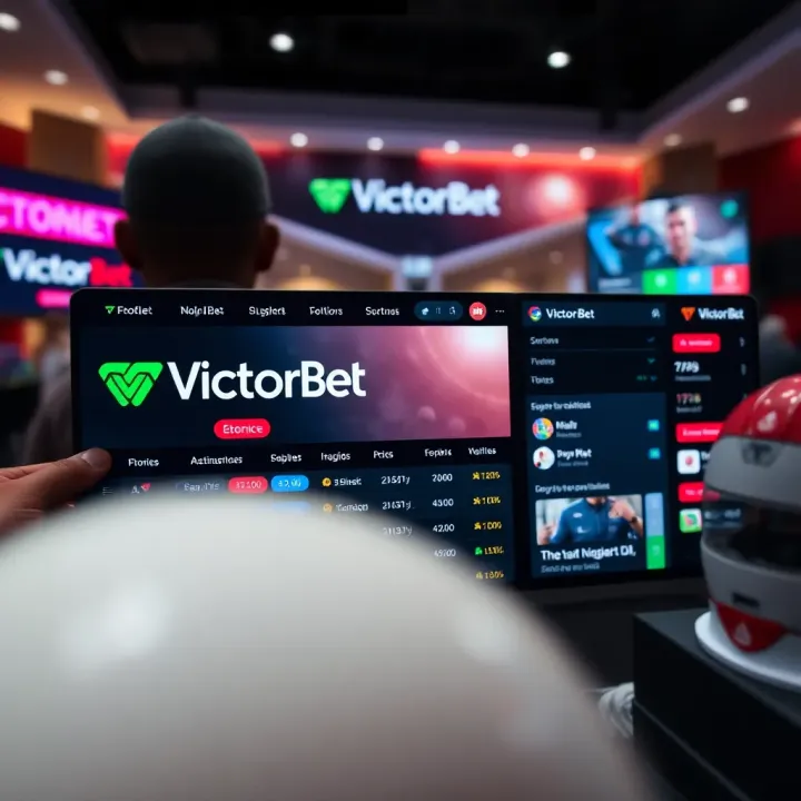 VictorBet logo with a digital sports betting interface on a laptop in a Nigerian setting